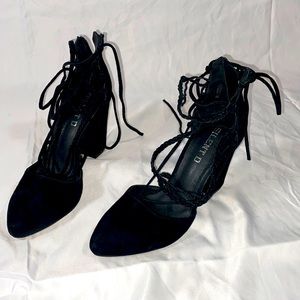 Black Silent D velvety heels pointed toe strappy
